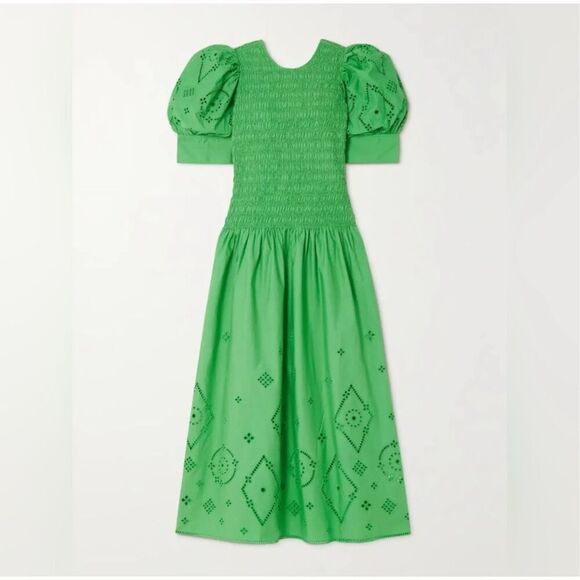 Ganni Broderie Anglaise Cotton Midi Dress in Kelly Green F7208 Women’s 38 / 8 US - Picture 3 of 16